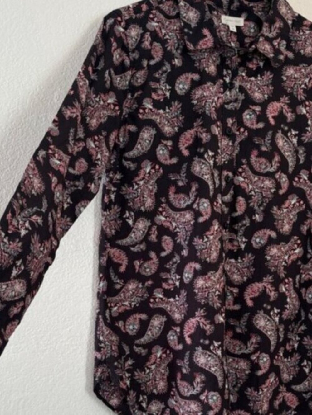[New] Garnet Hill (6) Black Pink Gray Paisley Button Down Roll Up Cuff Shirt